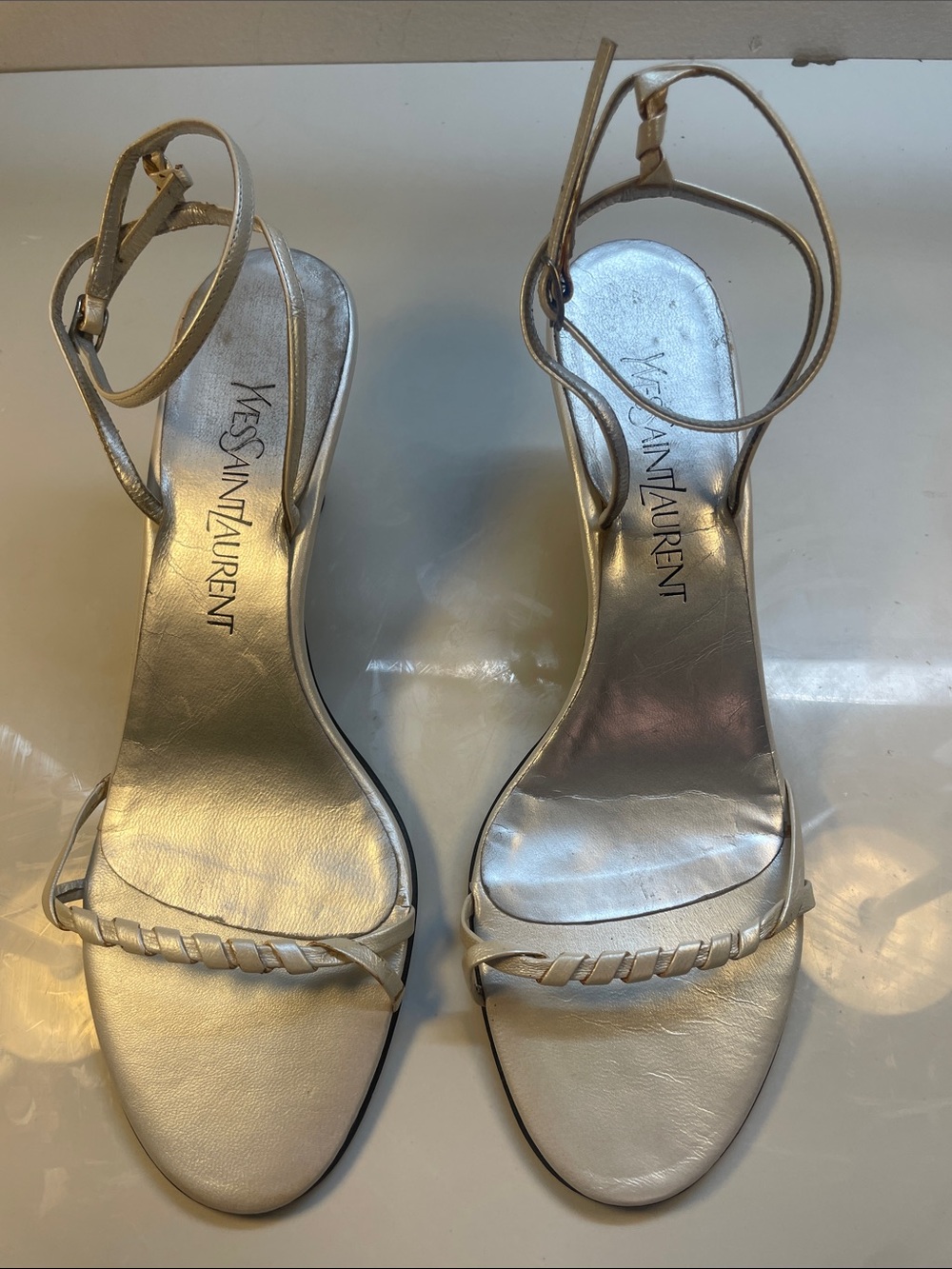 Yves Saint Laurent Metallic Gold Braided-Strap Ankle-Heel Sandals